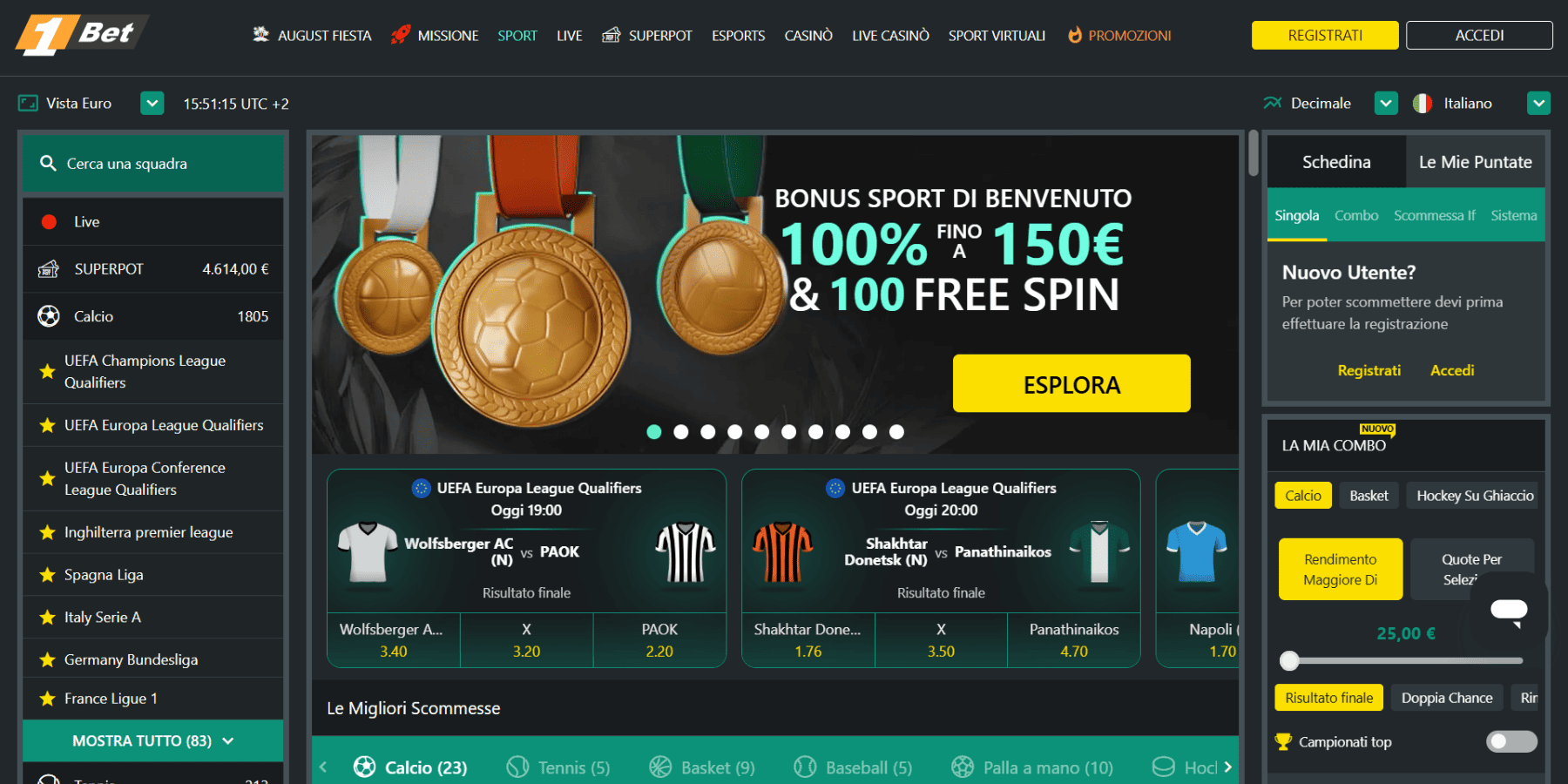 1Bet interfaccia