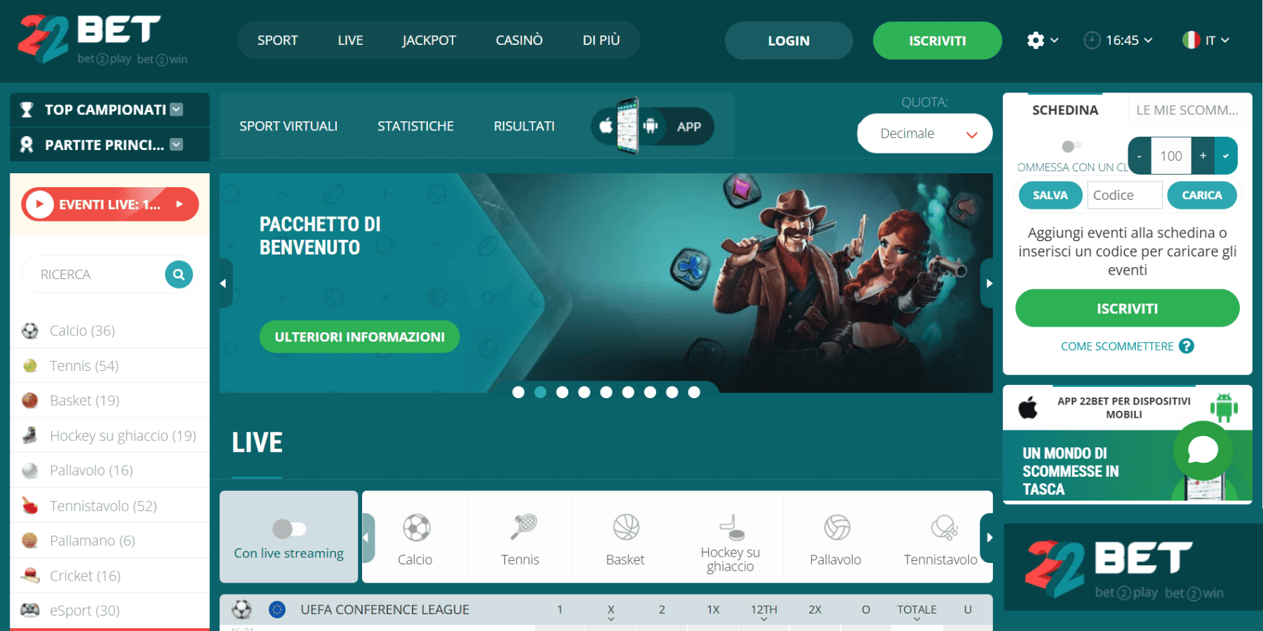 22Bet interfaccia