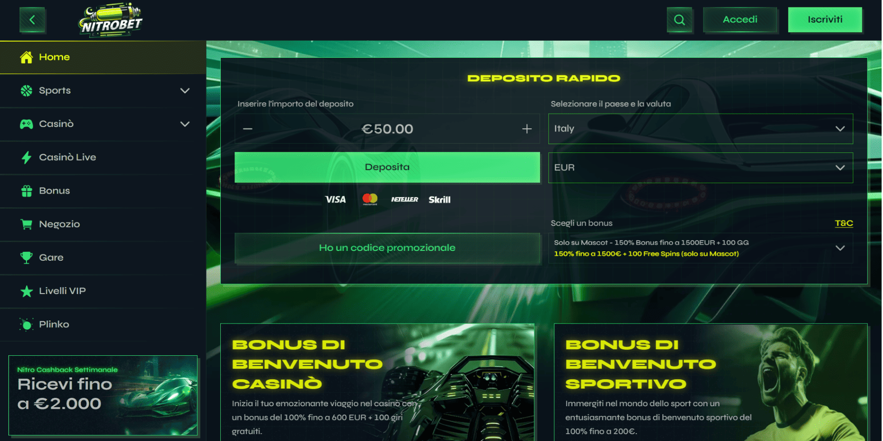 Nitrobet interfaccia
